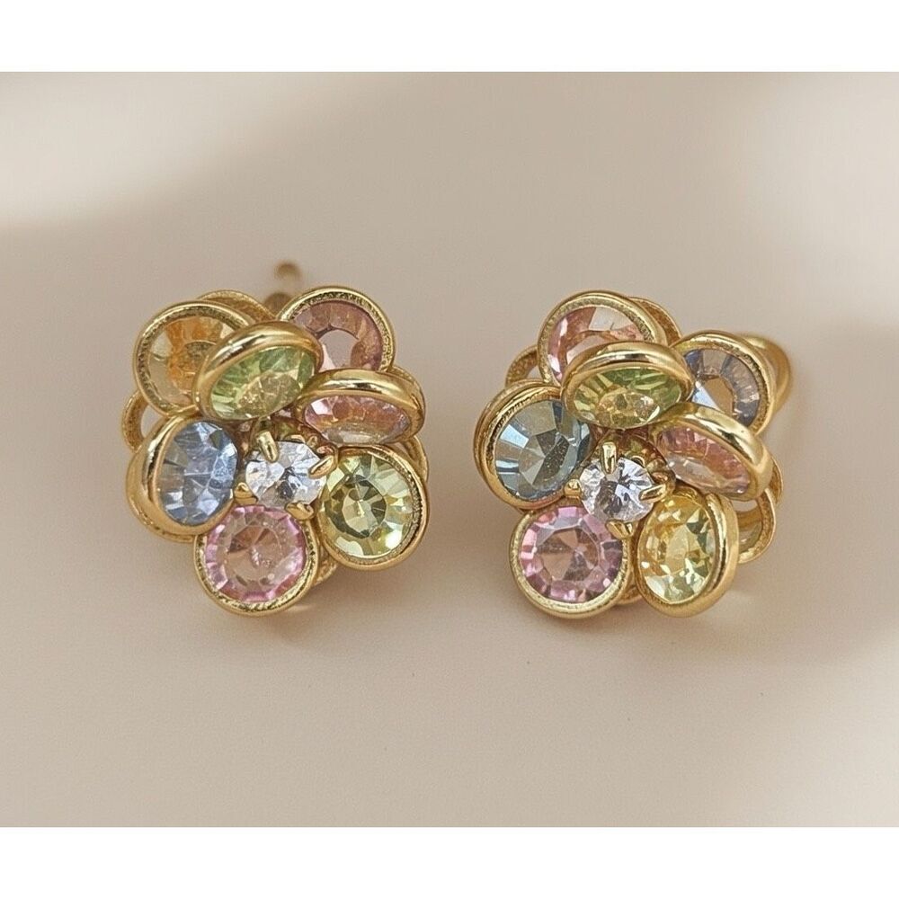 Avon Gold Tone Pastel Bezel Crystal Flower Clip-on Earrings Pink Green Blue